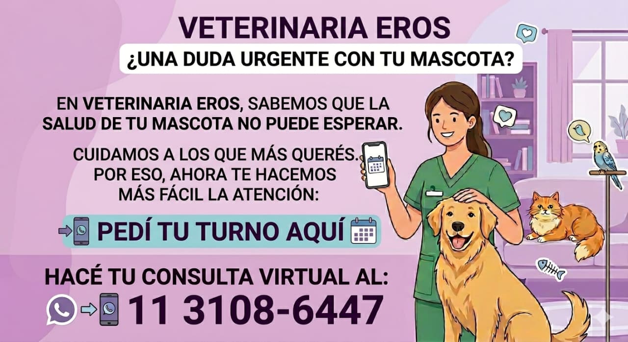 Promoción de Veterinaria Eros invitando a pedir un turno o hacer una consulta virtual por WhatsApp al 11 3108-6447